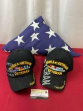 Pair of Korea-Vietnam Veteran Hats & Massive American Flag, approx 60 x 96 inches or so