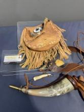 Handmade Native American Leather Shot & black powder bag, & Carved Horn Powder made from Horn