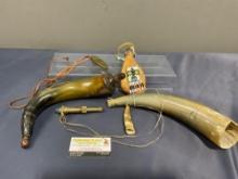 Native American Beaded Shot Bag w/ Antler, 2 Powder Horns, one finished, brass black powder tool