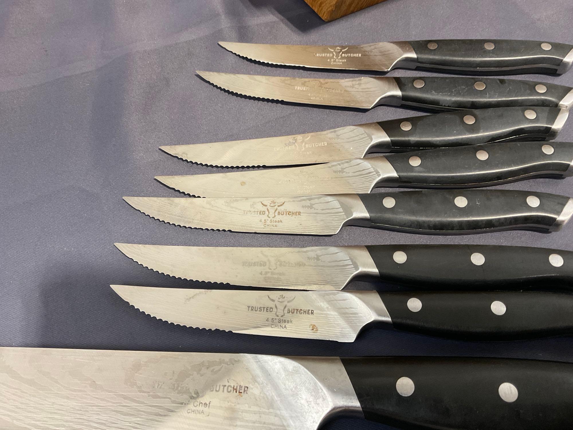 Assortment of Knives, 5 Wusthof, 1 Henckels, 3 Pampered Chef, Gerber Honing Rod w/ Knife Block