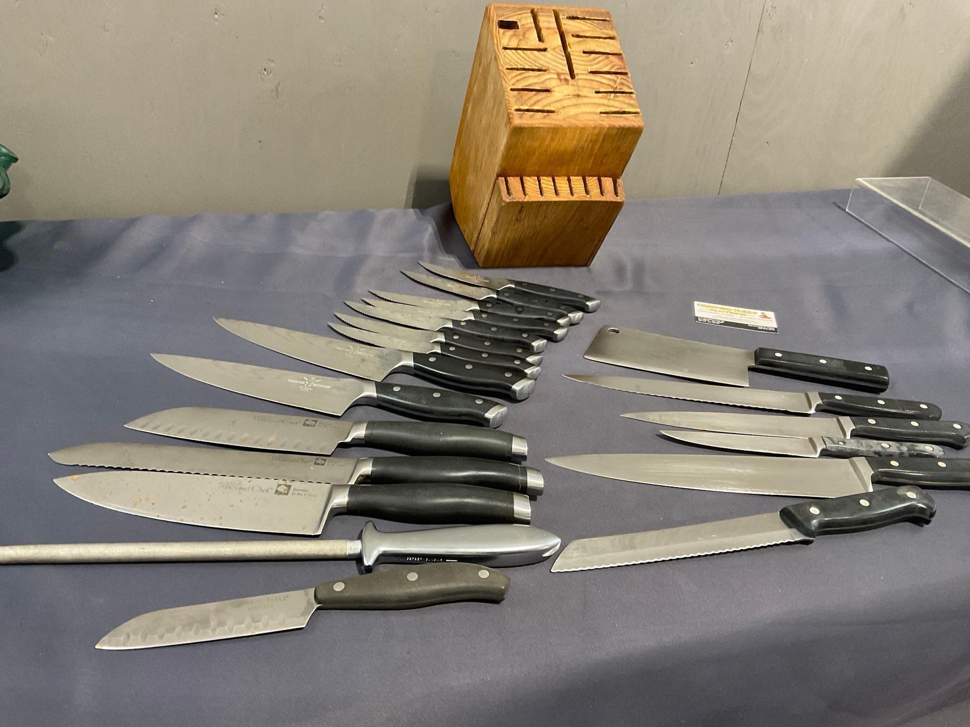 Assortment of Knives, 5 Wusthof, 1 Henckels, 3 Pampered Chef, Gerber Honing Rod w/ Knife Block