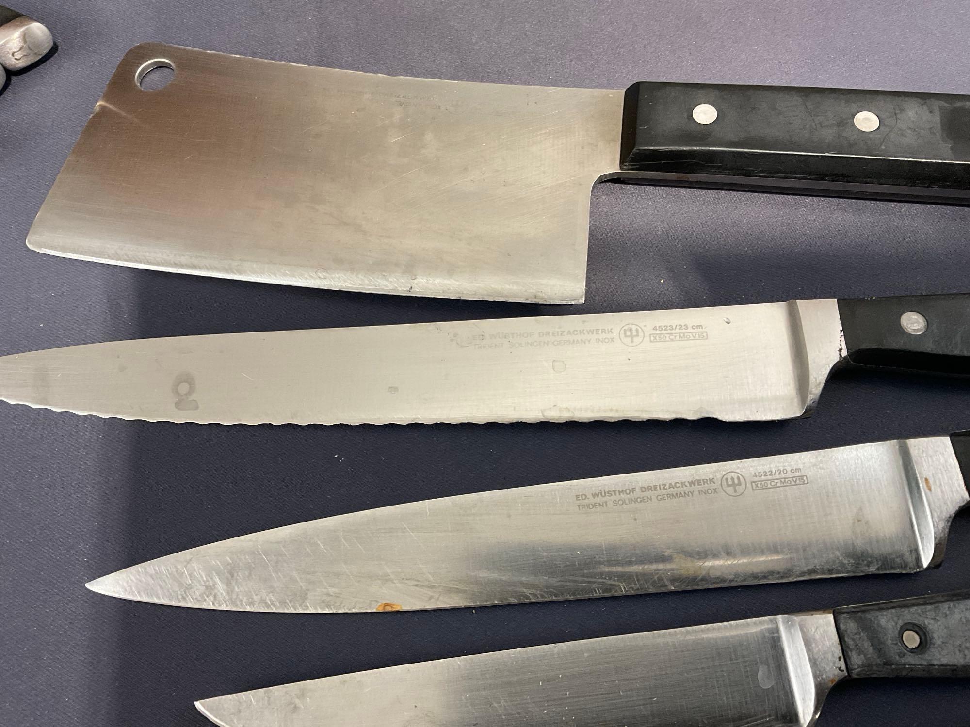 Assortment of Knives, 5 Wusthof, 1 Henckels, 3 Pampered Chef, Gerber Honing Rod w/ Knife Block