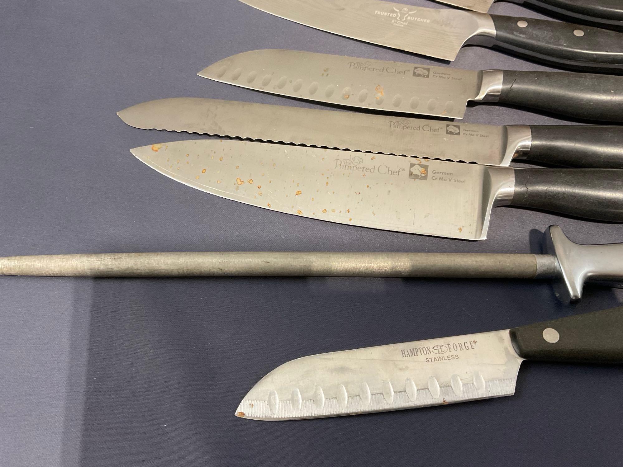 Assortment of Knives, 5 Wusthof, 1 Henckels, 3 Pampered Chef, Gerber Honing Rod w/ Knife Block