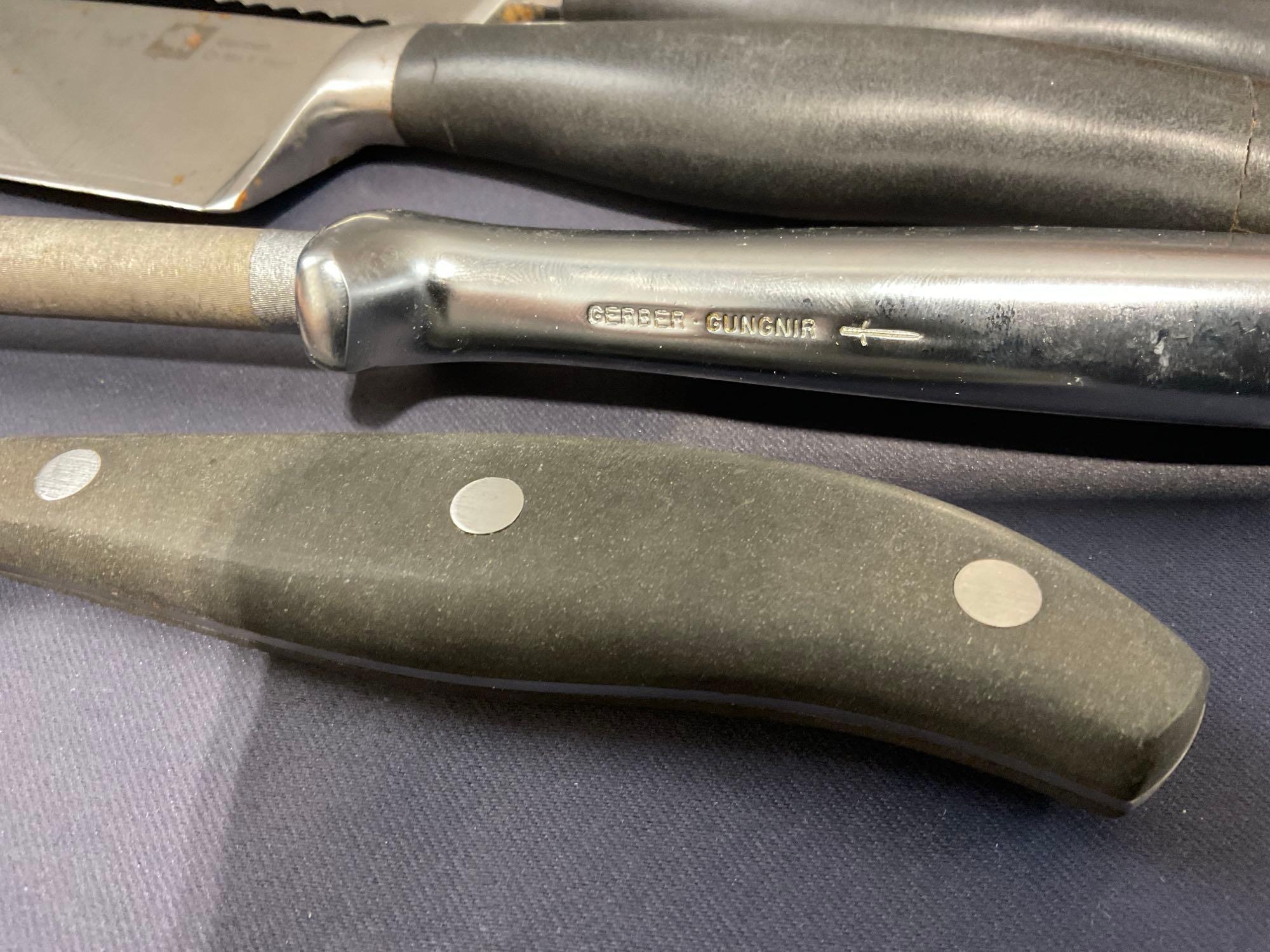 Assortment of Knives, 5 Wusthof, 1 Henckels, 3 Pampered Chef, Gerber Honing Rod w/ Knife Block