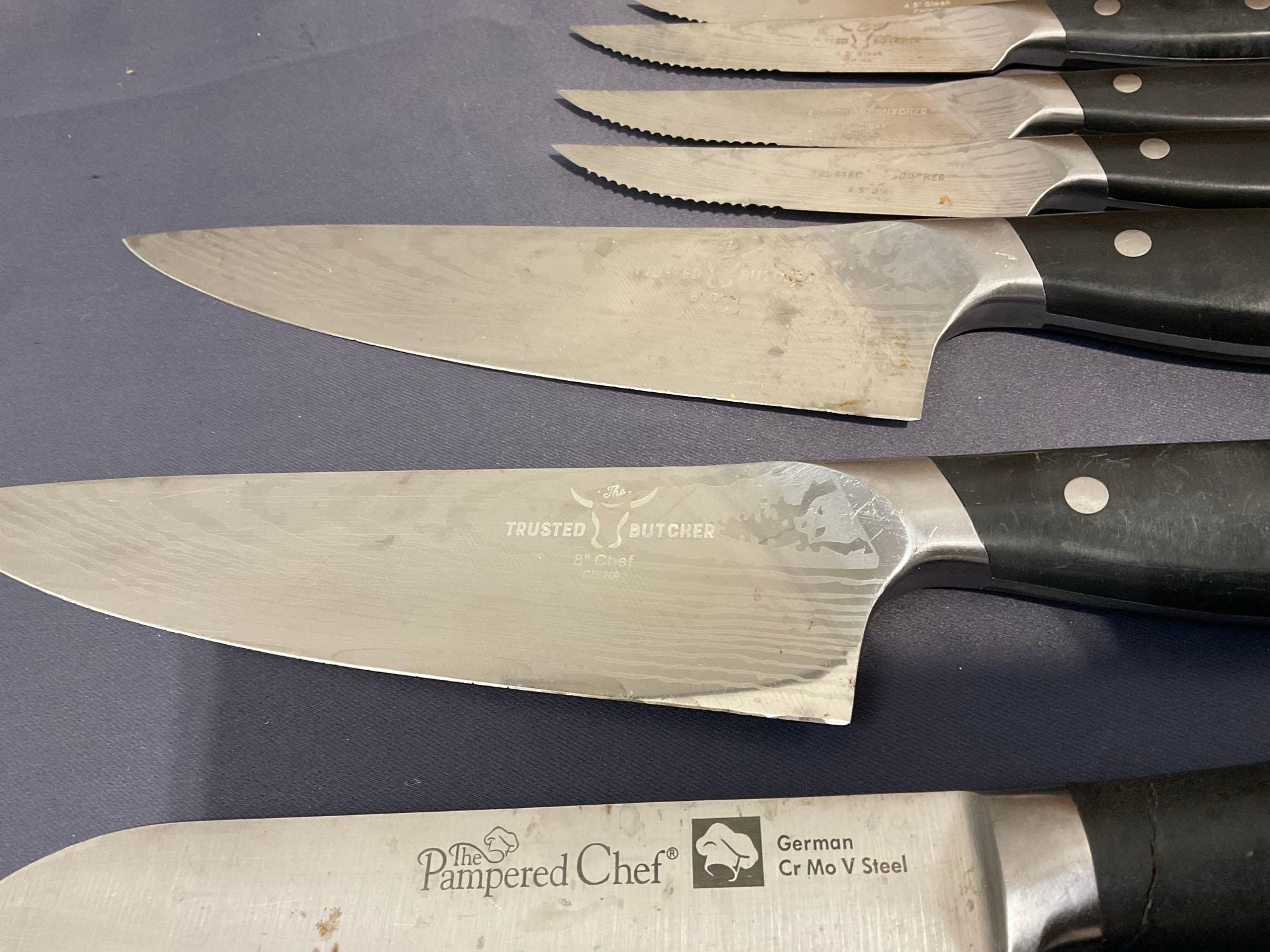 Assortment of Knives, 5 Wusthof, 1 Henckels, 3 Pampered Chef, Gerber Honing Rod w/ Knife Block