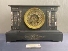 Antique 1890s Ansonia Lisbon Mantel 8-Day Time Strike Clock, Black w/ Marble & inlaid detail