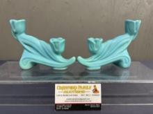 Pair of Van Briggle Colorado Springs, Blue Glazed Candleholders, 2 wells, 5h x 7w x 3d inches each