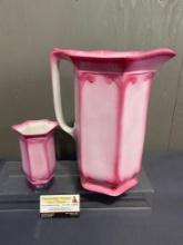 Pair of JG Meakin Ironstone pieces, Pink Pitcher & Smaller Vase, larger is 12.5h x 11.5w x 7.5d