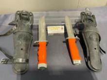 Pair of Aqua Lung Diving Knives, Orange Rubber Handles, Black Sheaths, 7 & 8 inch blades