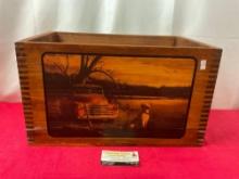 Checkerboard Chest, Wooden w/ a farm scene on the side, 10.5h x 17.75w x 11d inches