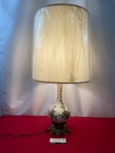 Vintage Handpainted Glass Lamp w/ Large White shade, Brass Base, tested & working, 28 inches tall