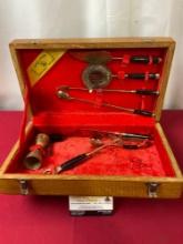 Vintage Thai Brass & Wood Bartenders Set, Strainer, Fork, Spoon, Knife, Opener, & more, wooden case