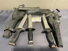 Three Diving Knives in Rubber Sheaths, Stag Knife, Super Stag, & another, 7 inch blades