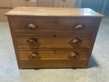 Victorian Era Carved Mahogany 3-Drawer Chest of Drawers, no key, 32h x 42w x 18d inches