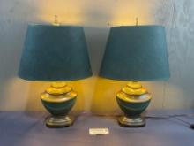 Pair of Cast Bronze Lamps, Green Shades, each are 20.5h x 12.5w x 9.5d inches