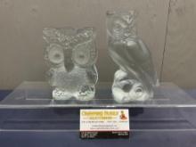 Pair of Viking Glass Owls, w/ Original stickers Viking Handmade, approx 5.5 & 6.5 inches tall