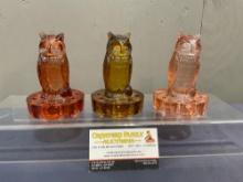Set of 3 Pressed Glass Owls, Flower Float Amber, Pink & Cranberry in color, approx 4.5 inches tall