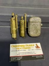 Heavily Engraved 1890s Magic Pocket Lamp & pair of Antique Altu Trench Lighters, Brass
