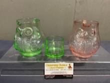 Pair of New Martinsville Depression Glass Owl Creamers, 1 w/lid, Pink & Green, 5 inches tall