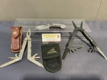 Folding Razor Blade, Gerber & Leatherman Multi Tools w/ pair of sheaths