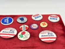 late 60's early 70's Political Buttons (PINS) Nixon Agnew, Golwater , Ford , Buy American Plus More