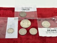 Silver coins, 1958 Franklin Half, 1956 Dime, 62 Quarter, 1936 Mercury Dime, 1943 Silver Nickel