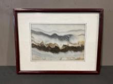 Framed Slab of Marble, Cloudy White w/ brown striations, measures 13.5h x 17.5w inches