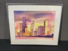 Framed Gorgeous Sunset Chicago Skyline Watercolor by Carol Keene 1994, 17h x 21w inches