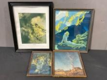 4 Framed Prints by Maxfield Parrish, Aladdin, Wild Geese, White Birch & Dreamlight