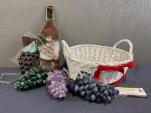 Semi-Precious Stone Grape Clusters, Stained Glass Wine piece, & white basket