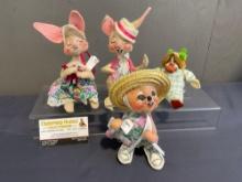 Four Cloth/Felt Figures by Annalee, Mouse, Duck, and pair of Cats, 7 inches tall