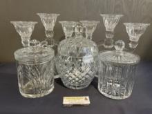 5 pieces of Cut Glass & Crystal, 3 Polish Lidded Jars & pair of Shannon Crystal 3 part candelabras