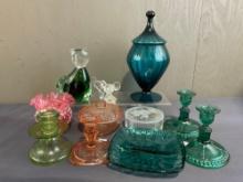 Assortment of Vintage/Antique Art Glass Candleholders, Lidded Compote, Murano style Cat, & more