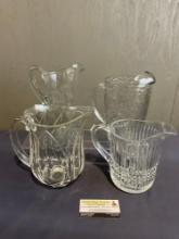 4 Etched or Pressed Glass/Crystal Pitchers, Cristal DArques, Tiara, Princess House & Tiffin brand