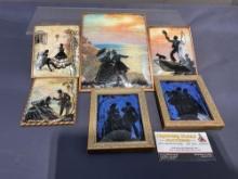 6 Reverse Painted Silhouettes Victorian Style W/ Bubble Glass Frames, variety of backgrounds,