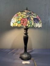 Tiffany Style Lamp, Metal Base, & Floral Stained Glass Shade, approx 29h x 16.5d inches