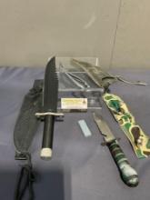 Pair of Survival Style Knives w/ Compasses & Matches inside, Heavy Duty Shears in leather sheath