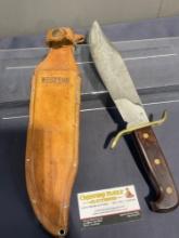 Vintage Huge Western Cutlery Knife in Leather Sheath, 12 inch blade