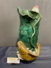 Antique Majolica Porcelain, Koi Fish & Lotus Leaf & Pod Design, approx 14.5h x 8.5w x 8d inches