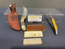 Vintage Pair of Knives, Silver Stag Skinner w/ Leather Sheath & Fish Knife