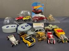 Collection of Diecast Cars, Clock Wagon, 2 Tiny RC Cars, PT Cruiser, Tesla Hot Wheels,