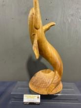 Wooden Carving Dolphin Figural Carving, Candle Holder, Signed on the bottom. 20 inches tall