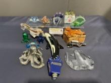 Assortment of Art Glass Sea Creatures, Puzzle Jewelry Box, Etched Glass, Ceramic & Porcelain, 13 ...