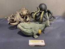 Whale Yard Art Hose Sprinkler, Steampunk Octopus w/ Compartment & Black/Gold Ceramic piece