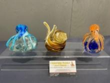 3 Art Glass Sea Creatures, 2 Octopi Blue on Clear & Orange on Blue Rock + Large Yellow/White Snail