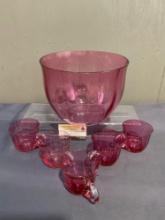 Large Pink Cranberry Bowl & set of 5 Cups, Handblown pieces