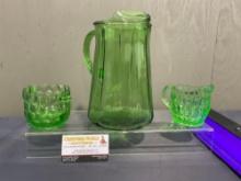 Green Depression Glass Pitcher, pair of Jeannette Glass Creamer & Sugar Container