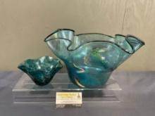 Pair of Art Blown Glass Blue Frilled Edge Bowls, Iridescent Finish, larger is 8.5h x 12w x 13d inch