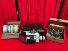 Vintage Super 8 Camera in Case & 10+ Reels Video Film in Metal Boxes. Untested. See pics.