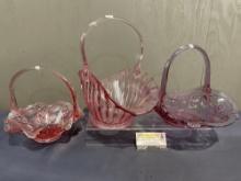 Three Pink Depression Pressed Glass Baskets, 1 w/ cracks, largest is 13 x 14 x 8.5 inches